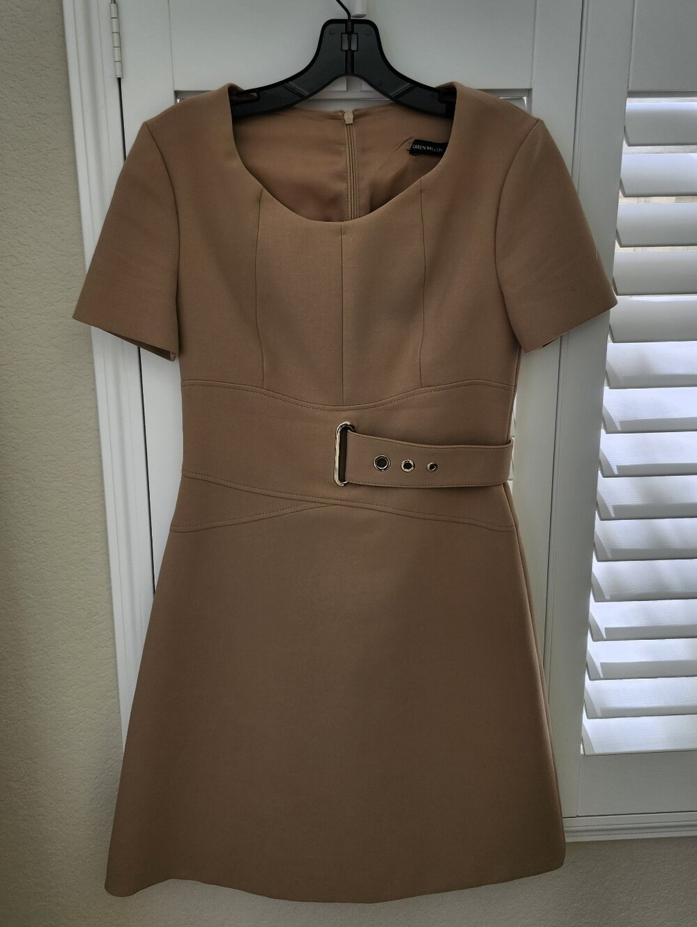 Karen Millen Camel Belted Short-Sleeve Shift Dress